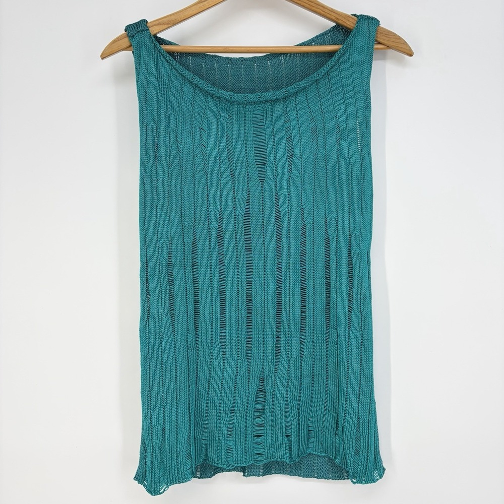 Vtg Sweater S Yarn Tank Roll Neck Pullover Green Teal Open Knit Chunky Feminine